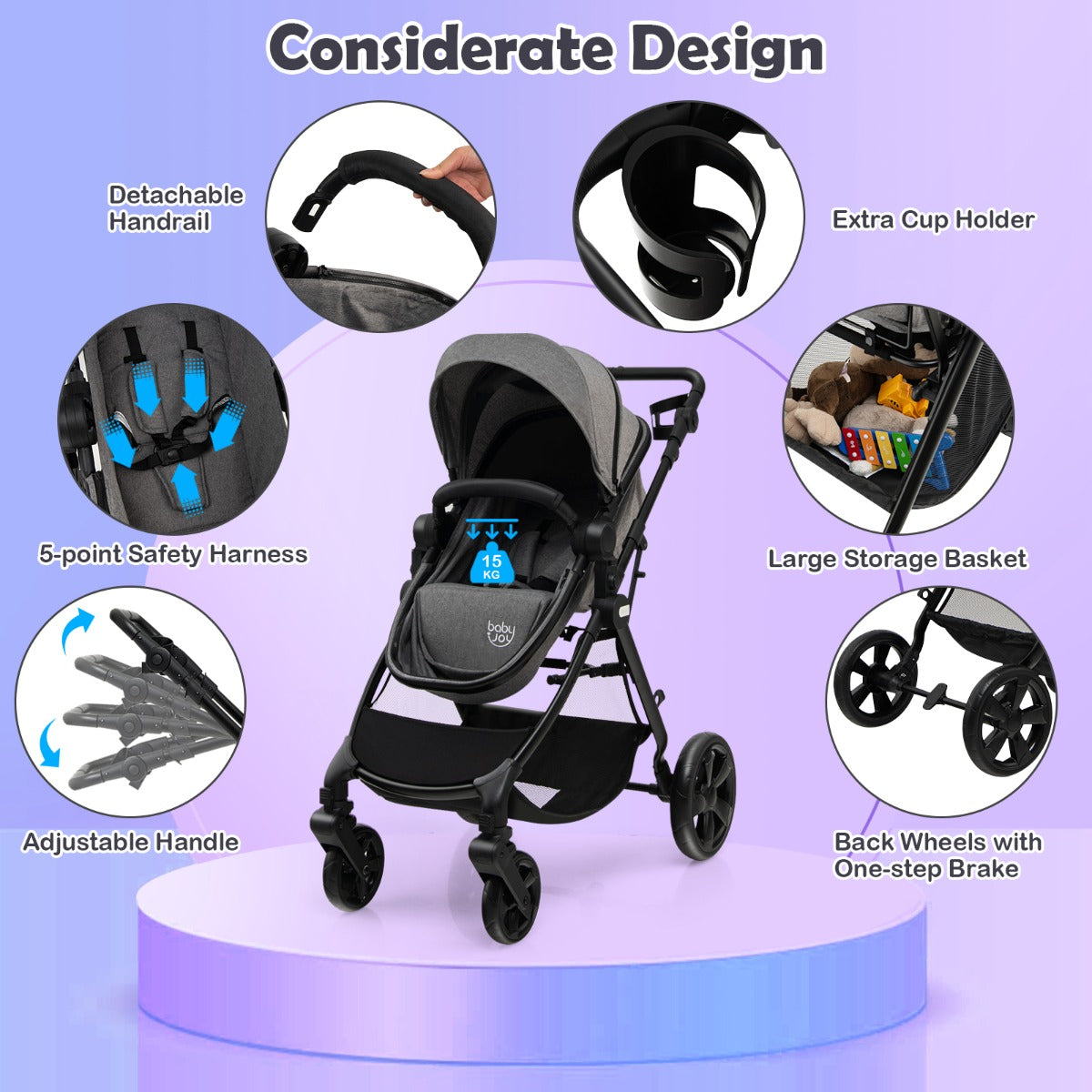 LIVSK Converteerbare Kinderwagen - 360 Graden Draaiend - Verstelbare Rugleuning - Lichtgewicht Aluminium - Tot 15 kg - Grijs