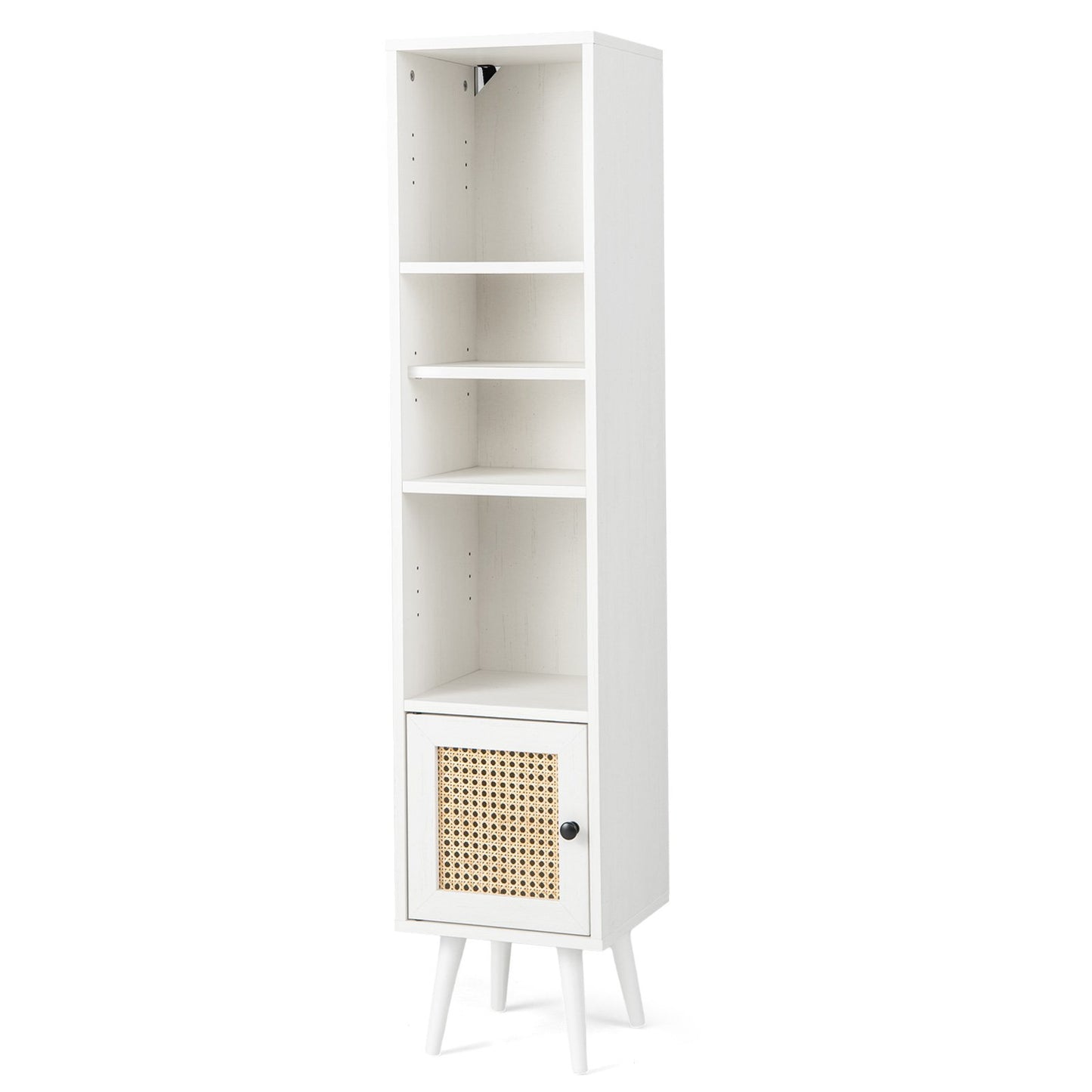 LIVSK Hoge Kast - Boho Ontwerp met Rieten Deur - Vrijstaand met 3 Open Vakken - Stabiliteit met Houten Poten - 29,5 x 29,5 x 137