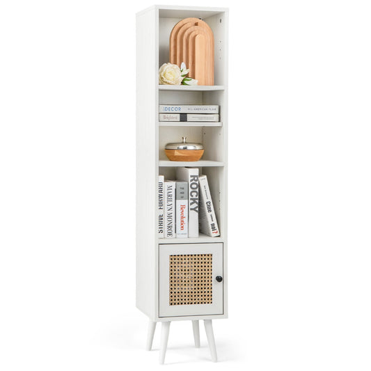 LIVSK Hoge Kast - Boho Ontwerp met Rieten Deur - Vrijstaand met 3 Open Vakken - Stabiliteit met Houten Poten - 29,5 x 29,5 x 137