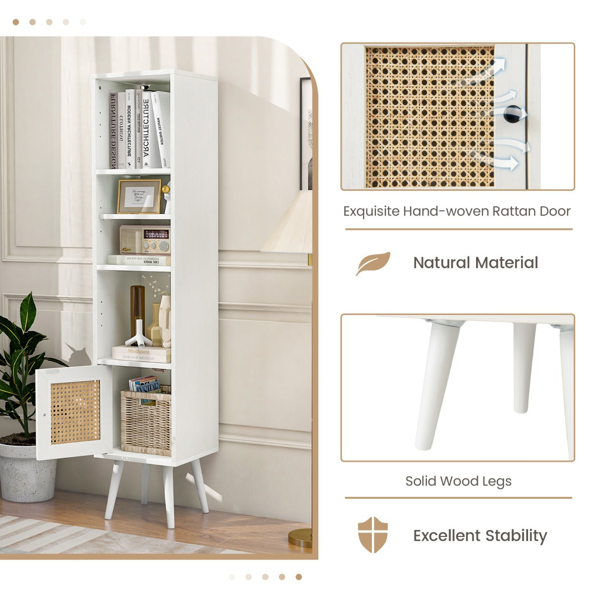 LIVSK Hoge Kast - Boho Ontwerp met Rieten Deur - Vrijstaand met 3 Open Vakken - Stabiliteit met Houten Poten - 29,5 x 29,5 x 137