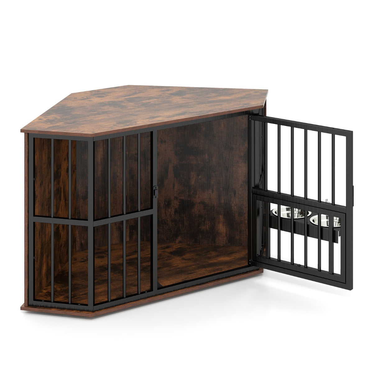 LIVSK Hoek-Hondenkooi - Ruimtebesparend met 2 Roestvrijstalen Voerbakken - Multifunctioneel als TV-standaard - Tot 30 kg - Bruin