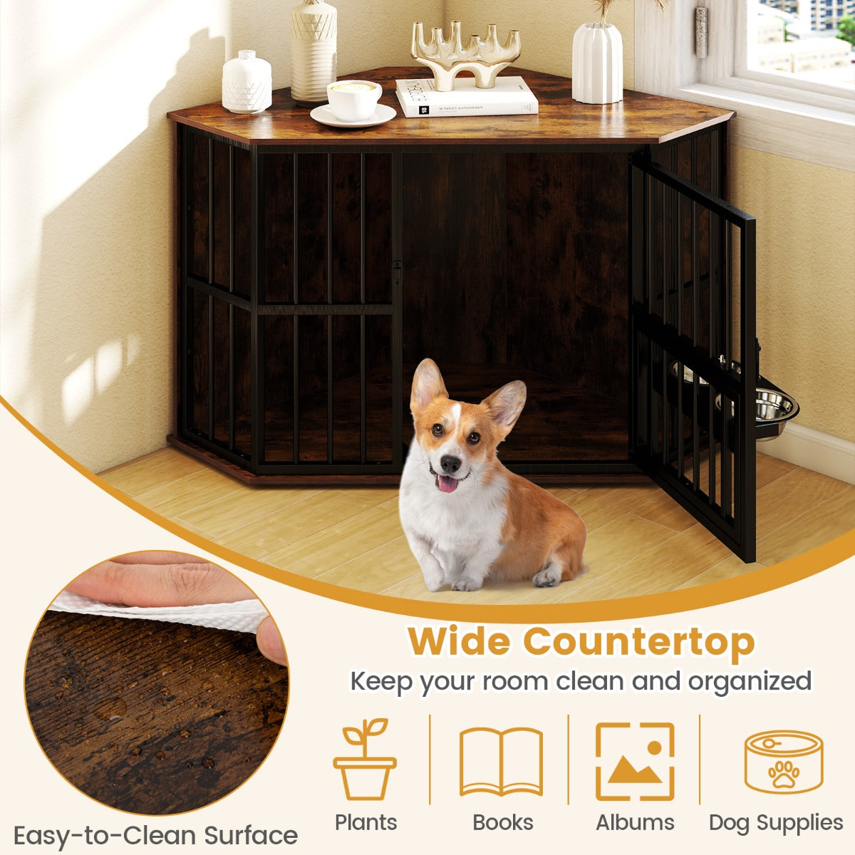 LIVSK Hoek-Hondenkooi - Ruimtebesparend met 2 Roestvrijstalen Voerbakken - Multifunctioneel als TV-standaard - Tot 30 kg - Bruin