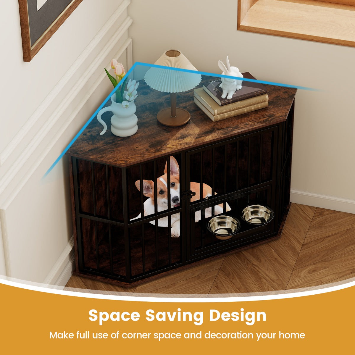 LIVSK Hoek-Hondenkooi - Ruimtebesparend met 2 Roestvrijstalen Voerbakken - Multifunctioneel als TV-standaard - Tot 30 kg - Bruin
