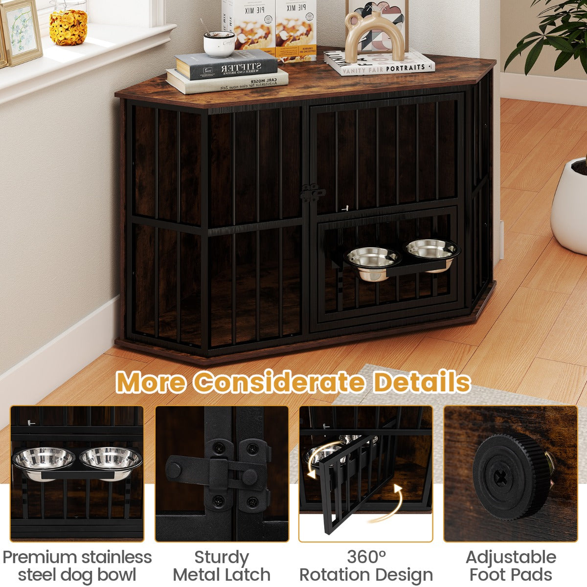 LIVSK Hoek-Hondenkooi - Ruimtebesparend met 2 Roestvrijstalen Voerbakken - Multifunctioneel als TV-standaard - Tot 30 kg - Bruin