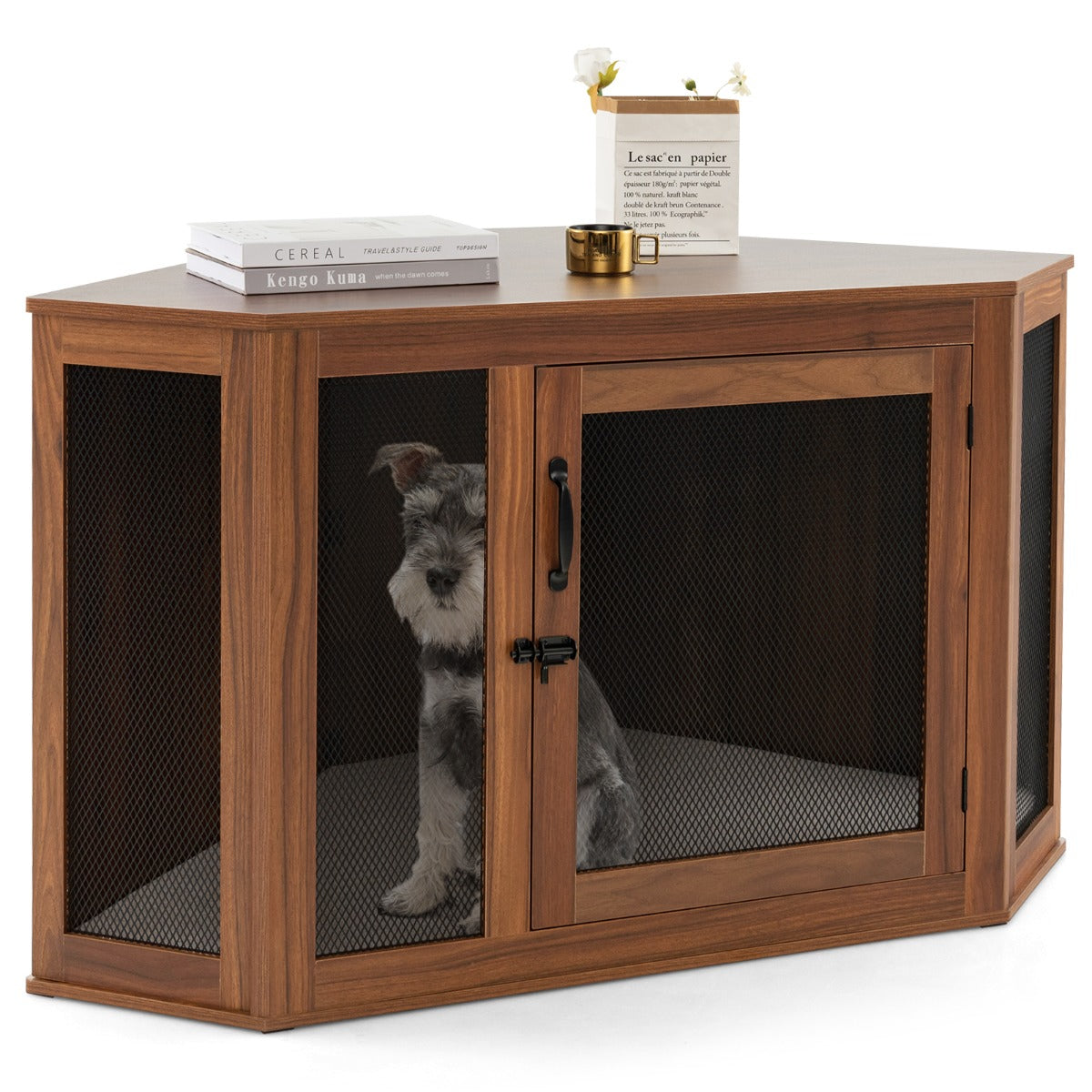 LIVSK Hoek-Hondenkooi Bijzettafel - Ruimtebesparend - Veilig Afsluitbaar - Comfortabel Kussen - Duurzaam - 114 x 59 x 67 cm -
