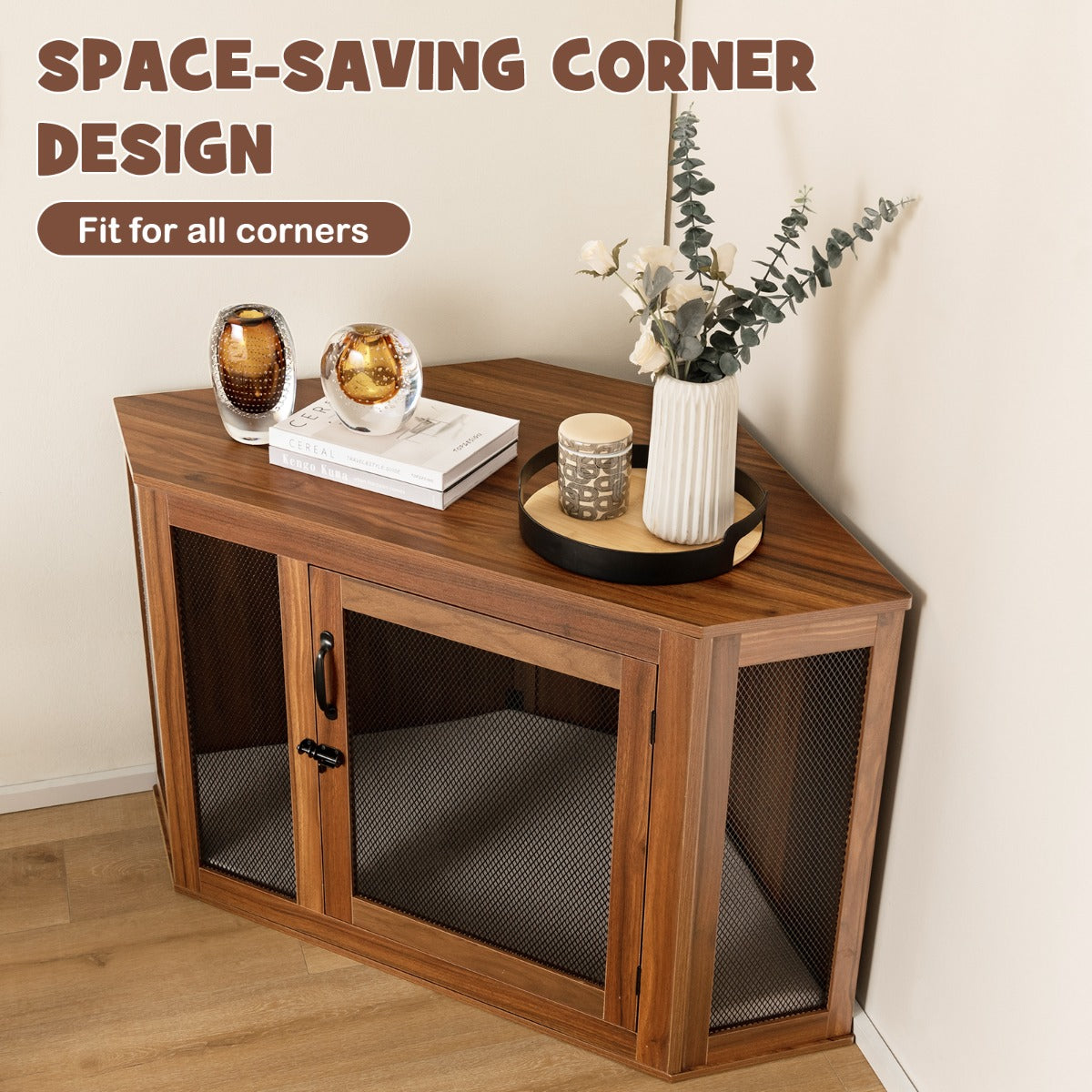 LIVSK Hoek-Hondenkooi Bijzettafel - Ruimtebesparend - Veilig Afsluitbaar - Comfortabel Kussen - Duurzaam - 114 x 59 x 67 cm -