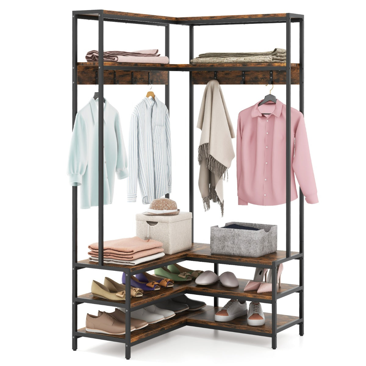 LIVSK Hoekkledingrek Organiser - 2 Bovenste Planken, 3 Onderste Planken, 7 Haken - Stevig Metalen Frame - Rustiek Bruin + Zwart