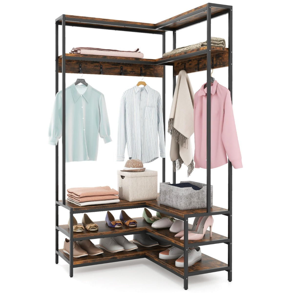 LIVSK Hoekkledingrek Organiser - 2 Bovenste Planken, 3 Onderste Planken, 7 Haken - Stevig Metalen Frame - Rustiek Bruin + Zwart