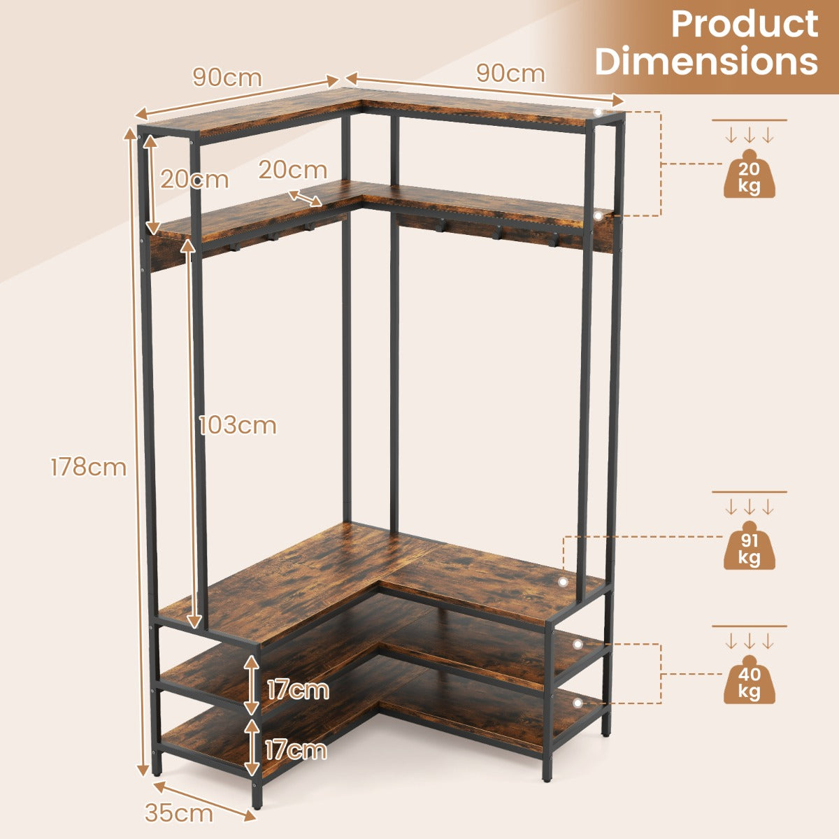 LIVSK Hoekkledingrek Organiser - 2 Bovenste Planken, 3 Onderste Planken, 7 Haken - Stevig Metalen Frame - Rustiek Bruin + Zwart