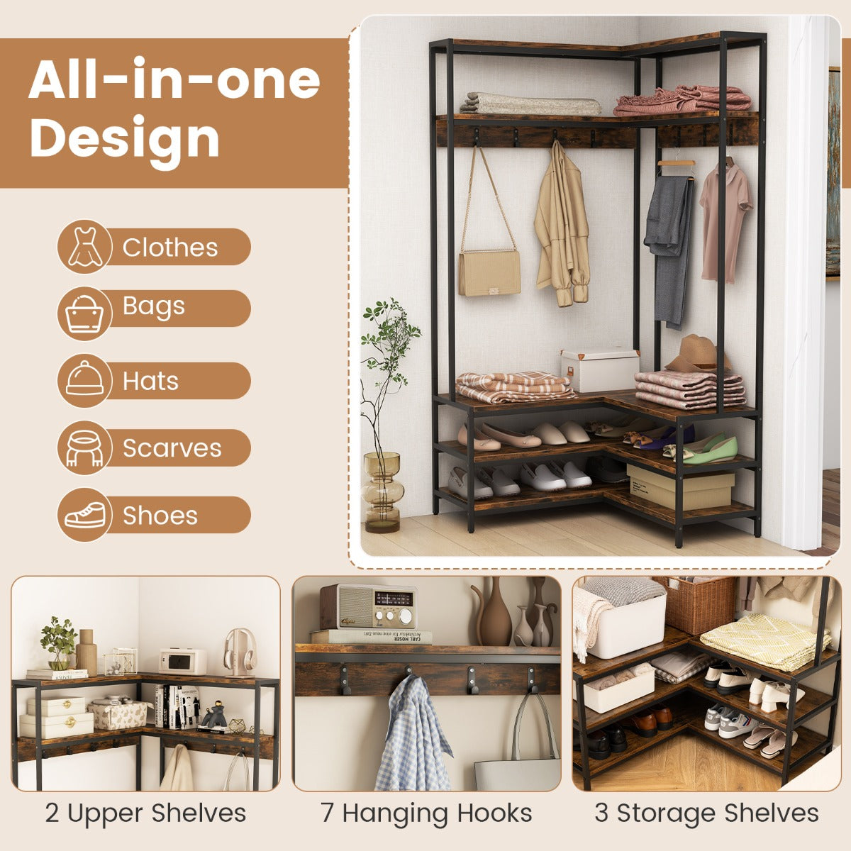 LIVSK Hoekkledingrek Organiser - 2 Bovenste Planken, 3 Onderste Planken, 7 Haken - Stevig Metalen Frame - Rustiek Bruin + Zwart