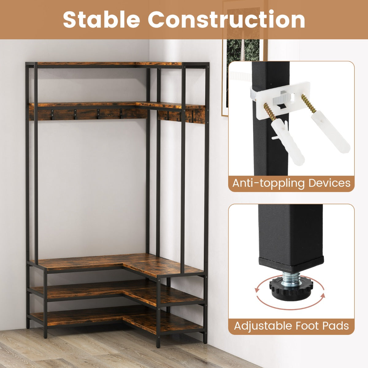 LIVSK Hoekkledingrek Organiser - 2 Bovenste Planken, 3 Onderste Planken, 7 Haken - Stevig Metalen Frame - Rustiek Bruin + Zwart