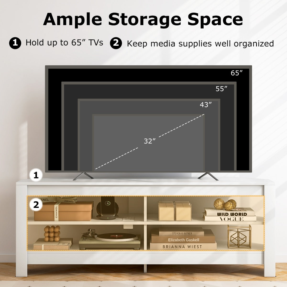 LIVSK Hoek-TV-meubel met Geïntegreerd Laadstation - 4 Ruime Planken - Voor TV's Tot 65 Inch - Duurzaam Hout - Wit