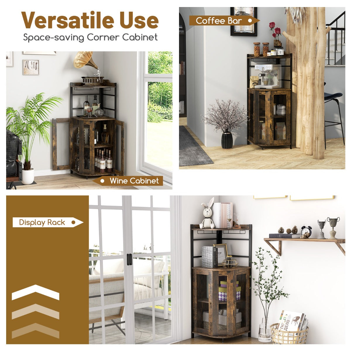 LIVSK Hoekbarkast Wijnkast - Ruimtebesparend met Geventileerde Gaasdeuren - Verstelbare Plank - Vintage Bruin
