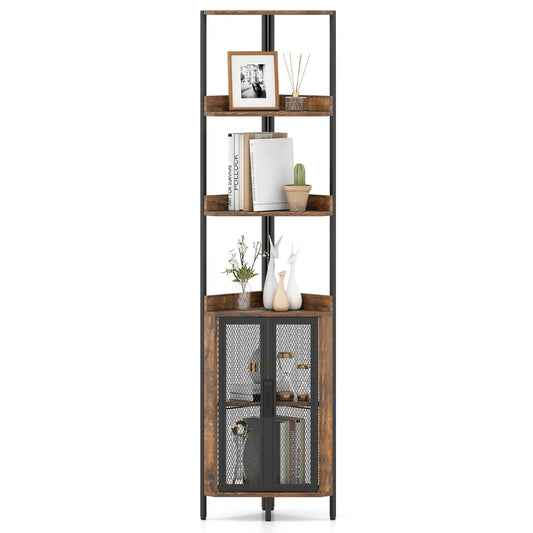 Livsk costway hoekboekenkast met 6 lagen hoekboekenkast van 170 cm hoog met kastdeuren boekenkast met deuren en metalen frame bruin