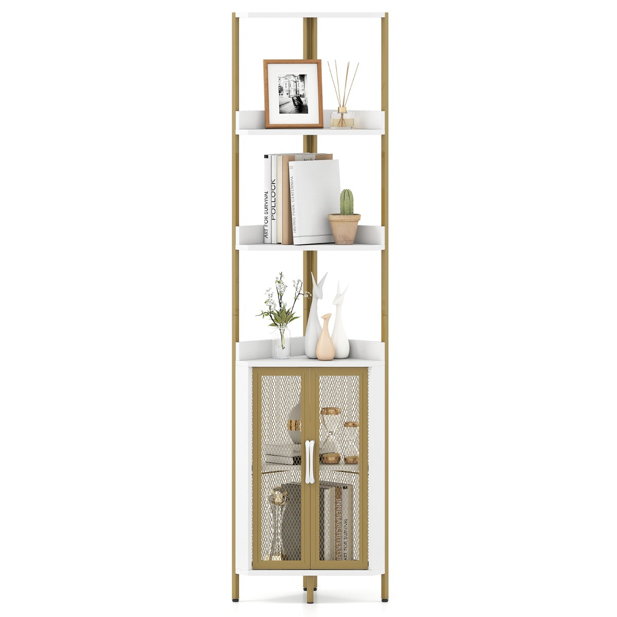 Livsk costway hoekboekenkast met 6 lagen hoekboekenkast van 170 cm hoog met kastdeuren boekenkast met deuren en metalen frame wit