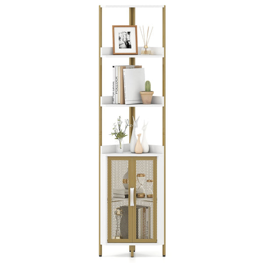 Livsk costway hoekboekenkast met 6 lagen hoekboekenkast van 170 cm hoog met kastdeuren boekenkast met deuren en metalen frame wit