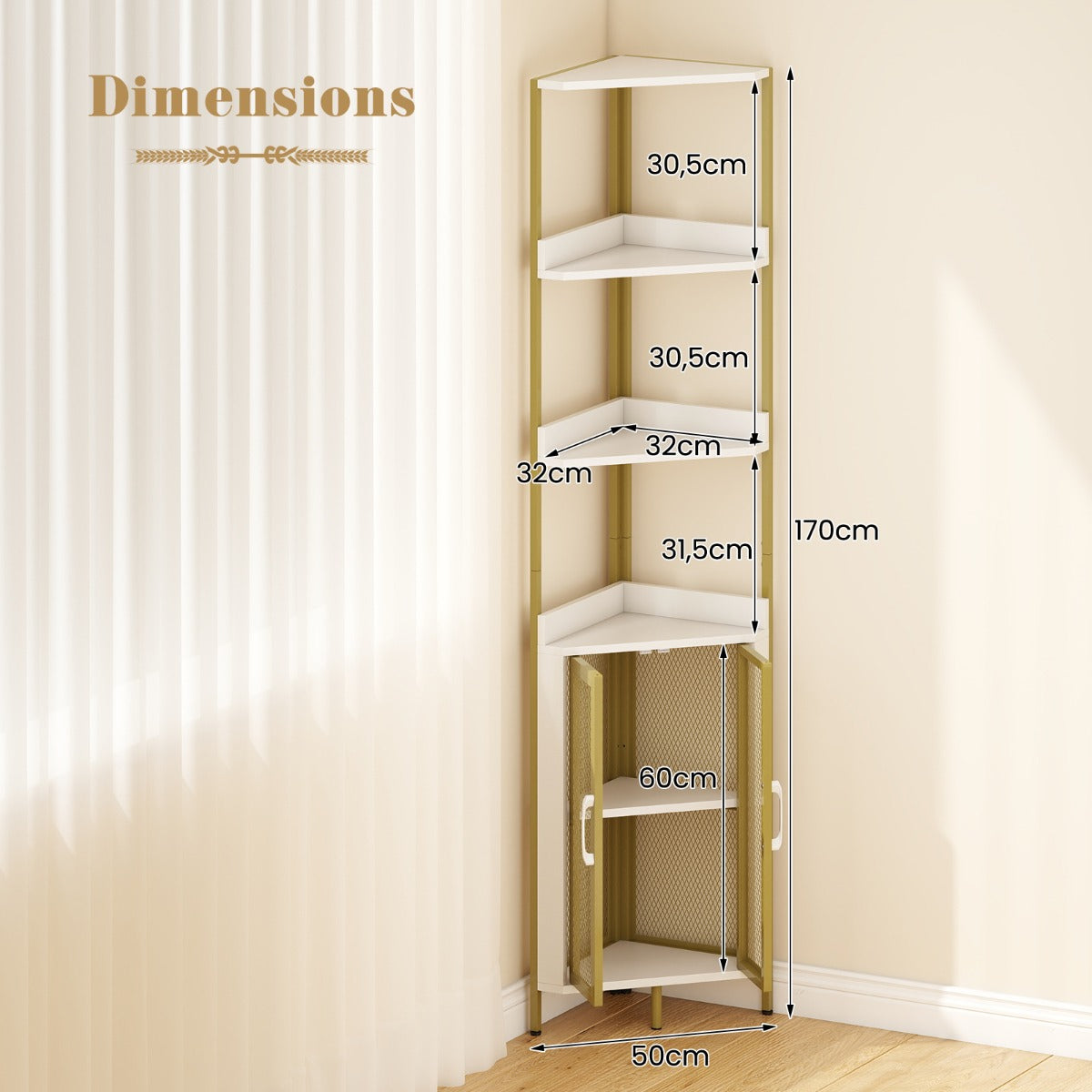 Livsk costway hoekboekenkast met 6 lagen hoekboekenkast van 170 cm hoog met kastdeuren boekenkast met deuren en metalen frame wit 2