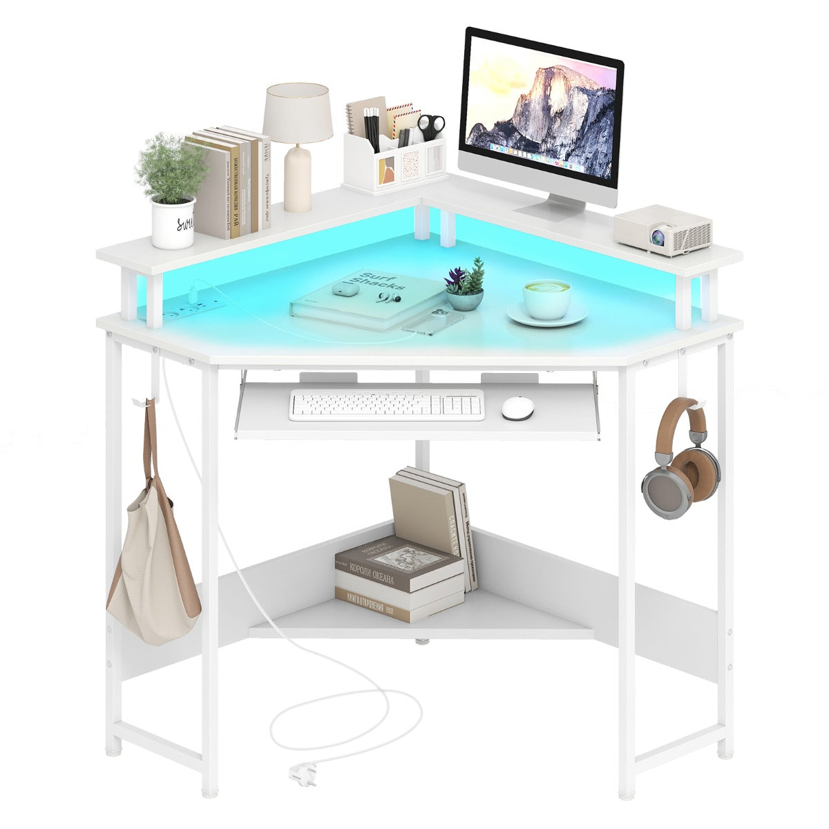 LIVSK Hoekbureau met Ingebouwd Oplaadstation - LED-verlichting - Monitorstandaard - Ruimtebesparend - 80 x 80 x 88 cm - Wit