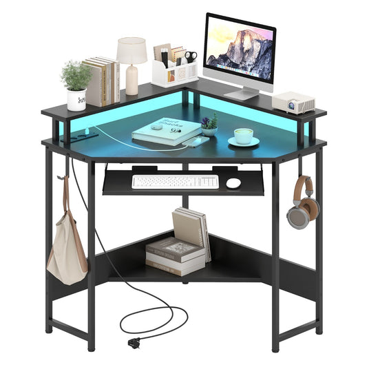 LIVSK Hoekbureau - Driehoekig Ontwerp - Ingebouwd Oplaadstation - Ergonomische Monitorstandaard - Zwart