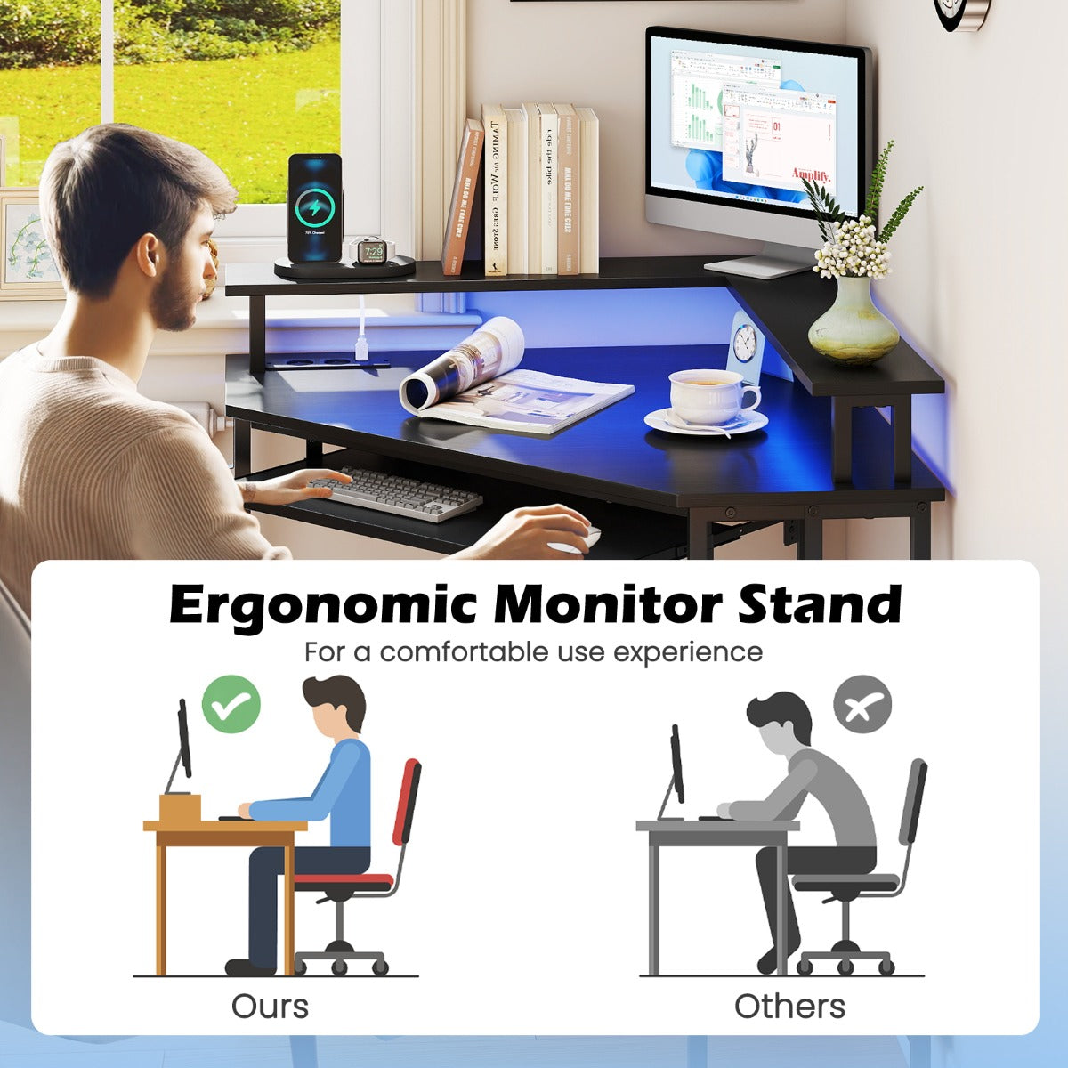 LIVSK Hoekbureau - Driehoekig Ontwerp - Ingebouwd Oplaadstation - Ergonomische Monitorstandaard - Zwart