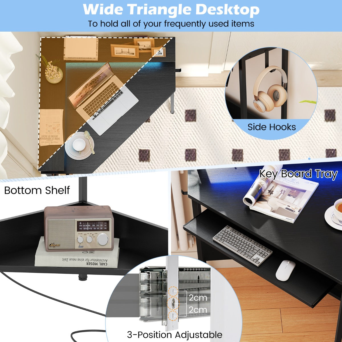 LIVSK Hoekbureau - Driehoekig Ontwerp - Ingebouwd Oplaadstation - Ergonomische Monitorstandaard - Zwart