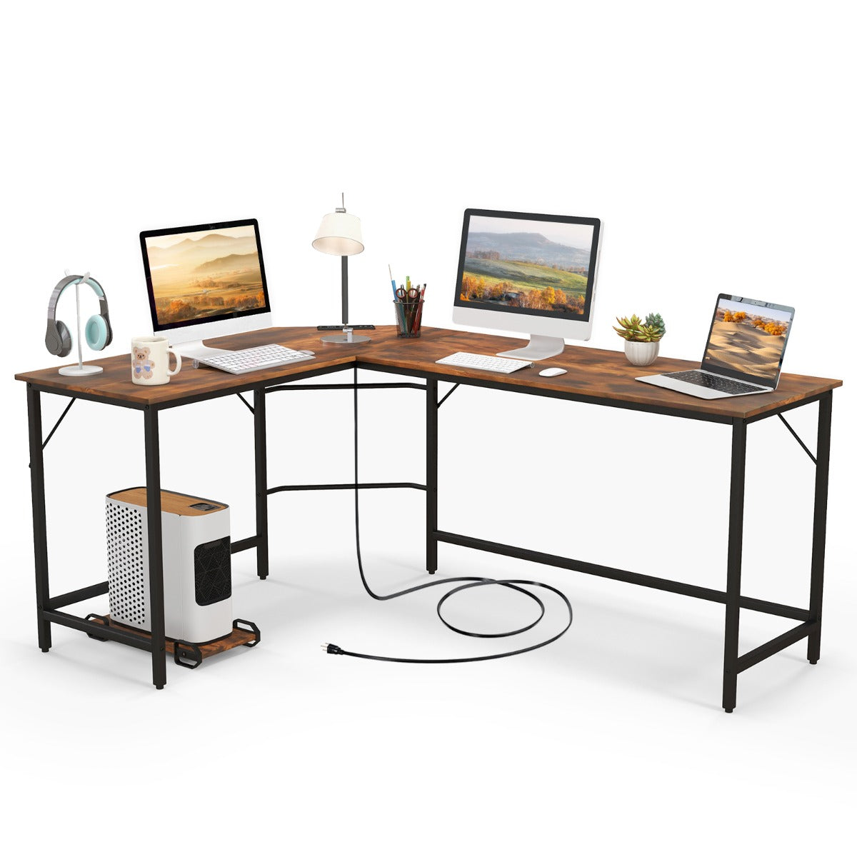 LIVSK Hoekbureau met Stopcontacten en USB-poorten - Ruim Werkblad voor 2-3 Monitoren - Robuuste Constructie - Bruin