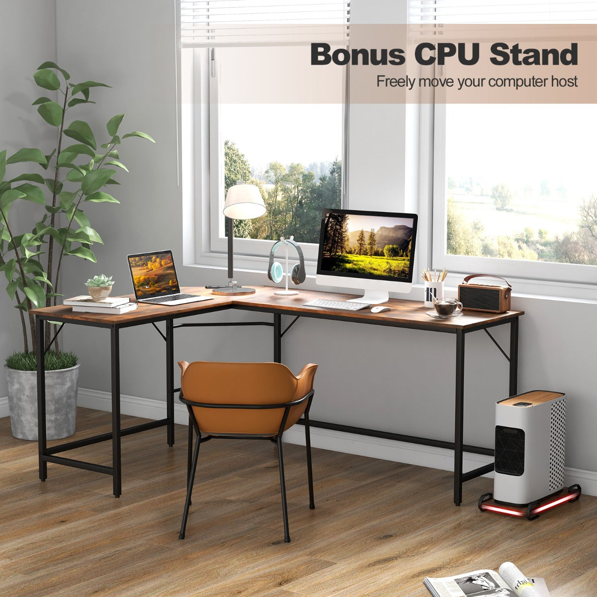 LIVSK Hoekbureau met Stopcontacten en USB-poorten - Ruim Werkblad voor 2-3 Monitoren - Robuuste Constructie - Bruin