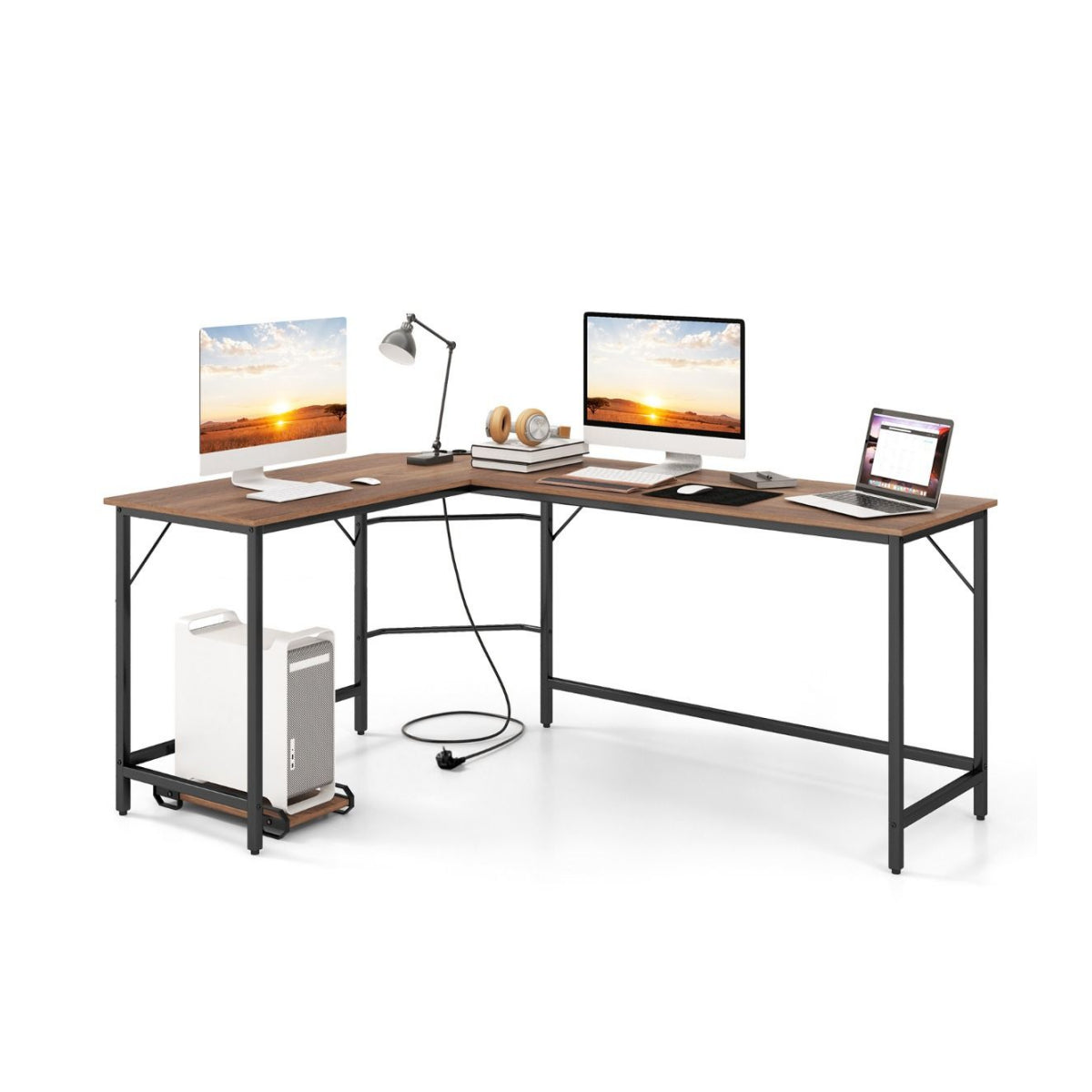 LIVSK Hoekbureau met Stopcontact en USB-poorten - Ruim en Stevig - Voor 2-3 Monitoren - Gepoedercoat Metaal - Natuurlijk