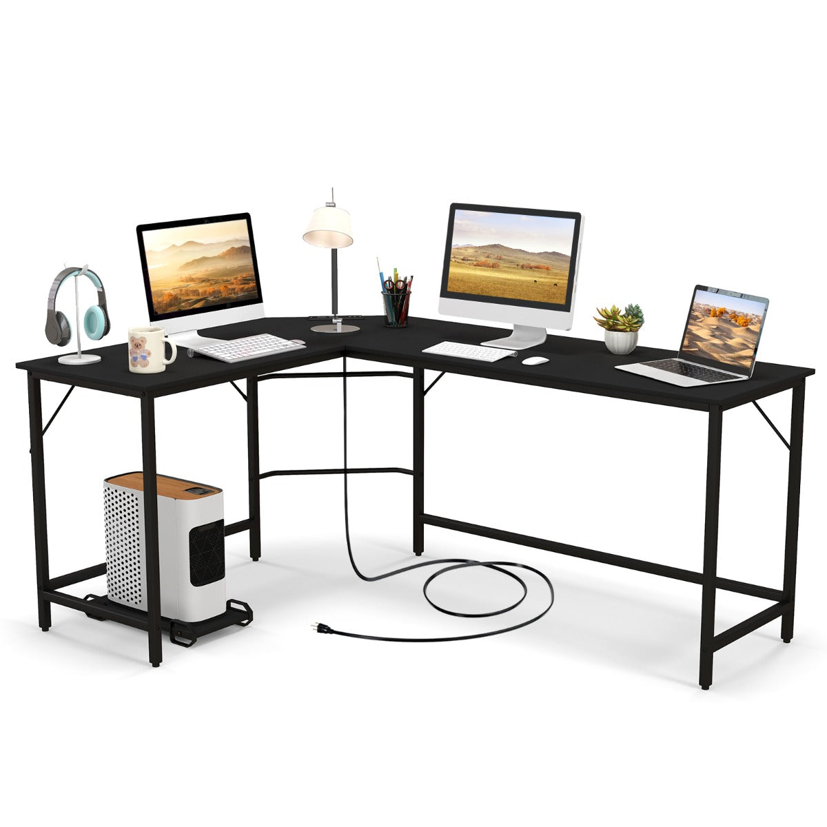 LIVSK Hoekbureau met Stopcontacten en USB-Poorten - Ruimte voor 2-3 Monitoren - Stevig en Duurzaam - 125 x 50 x 74,5 cm - Bruin