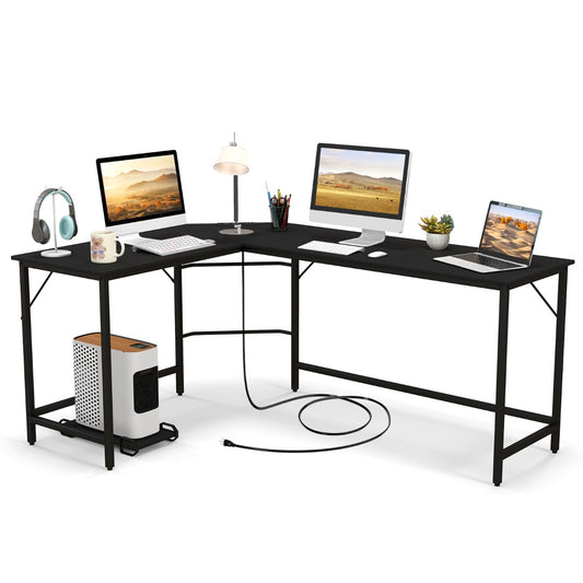 LIVSK Hoekbureau met Stopcontacten en USB-Poorten - Ruimte voor 2-3 Monitoren - Stevig en Duurzaam - 125 x 50 x 74,5 cm - Bruin