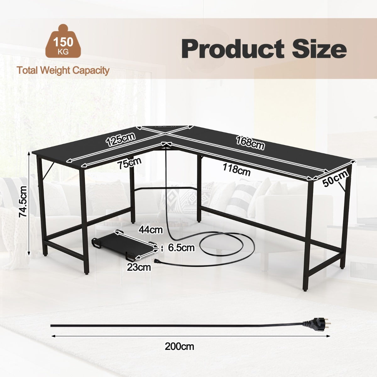 LIVSK Hoekbureau met Stopcontacten en USB-Poorten - Ruimte voor 2-3 Monitoren - Stevig en Duurzaam - 125 x 50 x 74,5 cm - Bruin