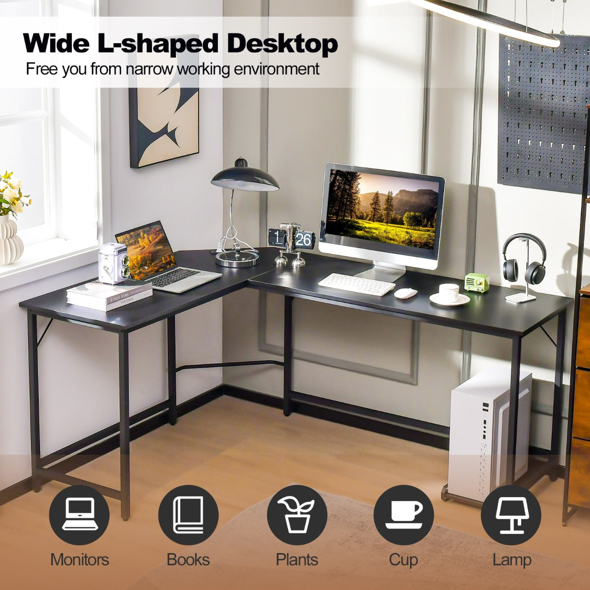 LIVSK Hoekbureau met Stopcontacten en USB-Poorten - Ruimte voor 2-3 Monitoren - Stevig en Duurzaam - 125 x 50 x 74,5 cm - Bruin