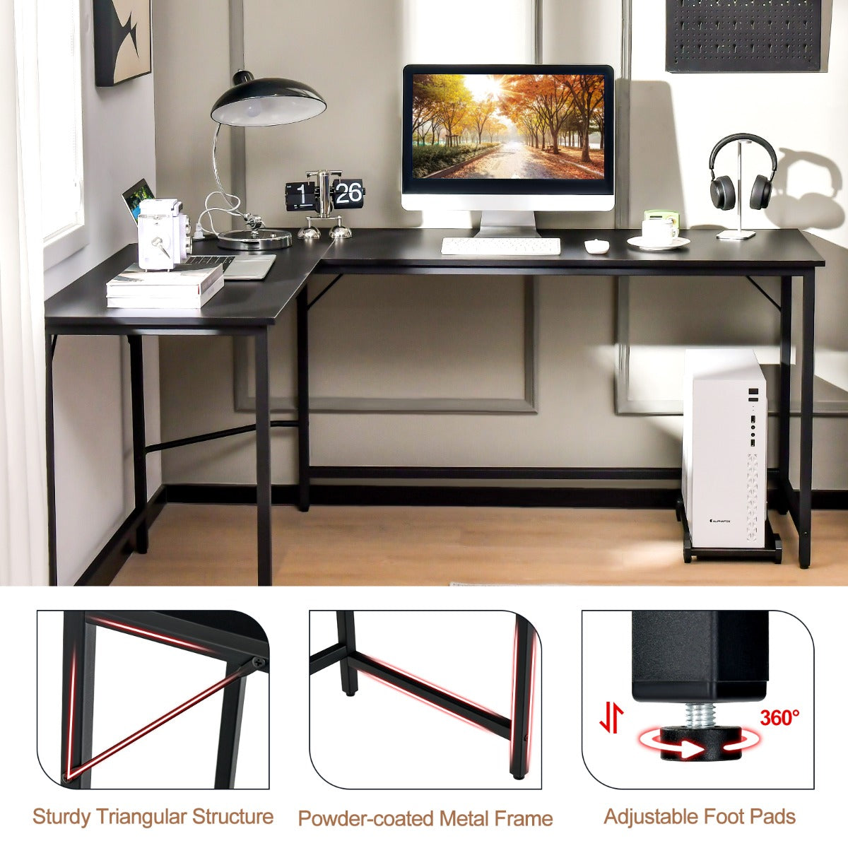 LIVSK Hoekbureau met Stopcontacten en USB-Poorten - Ruimte voor 2-3 Monitoren - Stevig en Duurzaam - 125 x 50 x 74,5 cm - Bruin