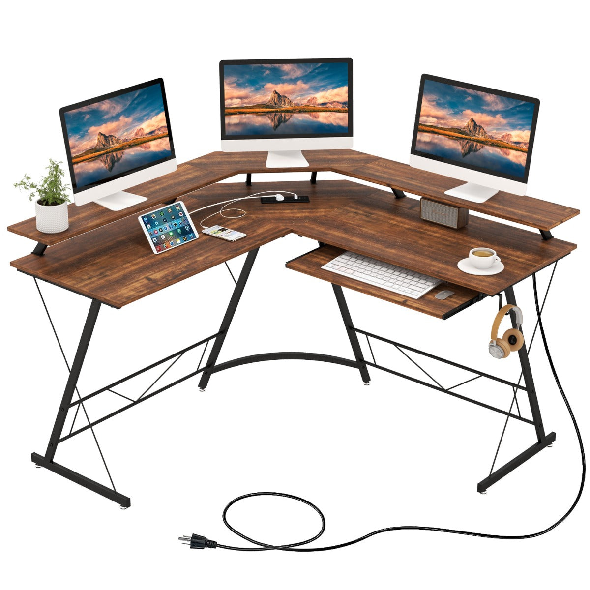 LIVSK L-vormig computerbureau met monitorstandaard - Geïntegreerd oplaadstation - Uittrekbare toetsenbordhouder - Rustiek bruin