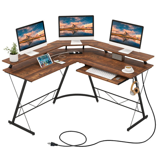 LIVSK L-vormig computerbureau met monitorstandaard - Geïntegreerd oplaadstation - Uittrekbare toetsenbordhouder - Rustiek bruin