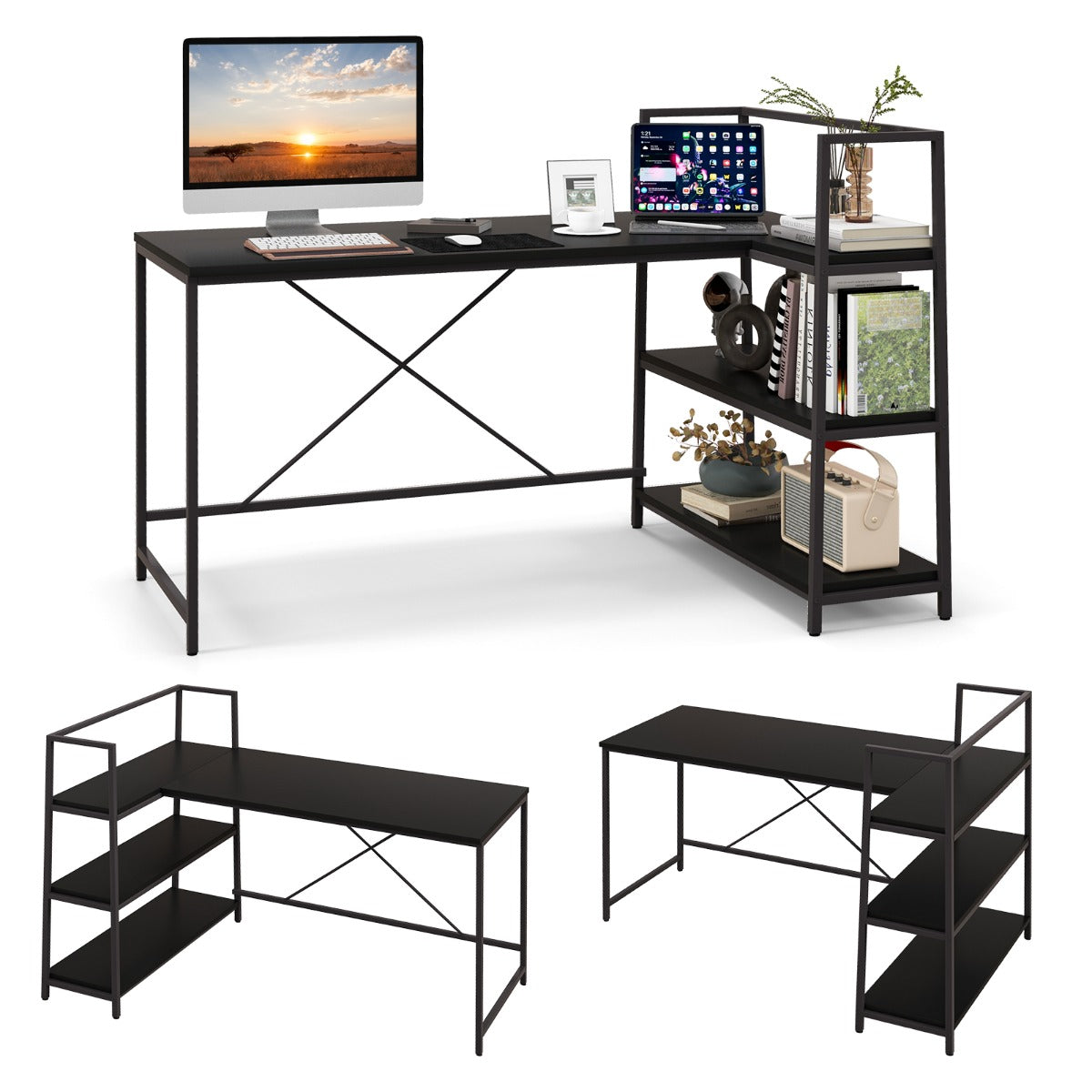 LIVSK Omkeerbaar Hoekcomputerbureau - Ruim Blad met Open Planken - Duurzaam en Stevig - Eenvoudig te Monteren - 148 x 100 x 90 cm