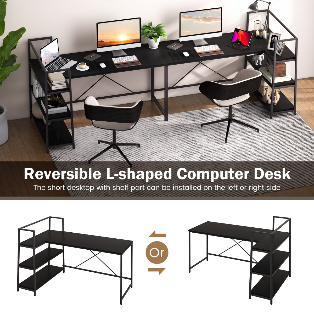 LIVSK Omkeerbaar Hoekcomputerbureau - Ruim Blad met Open Planken - Duurzaam en Stevig - Eenvoudig te Monteren - 148 x 100 x 90 cm