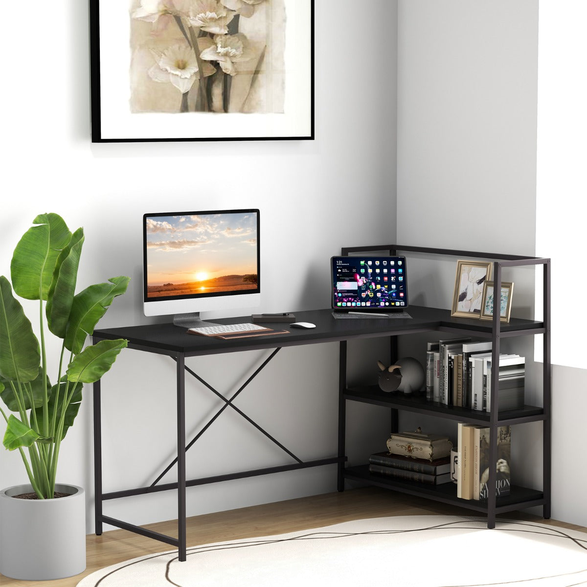 LIVSK Omkeerbaar Hoekcomputerbureau - Ruim Blad met Open Planken - Duurzaam en Stevig - Eenvoudig te Monteren - 148 x 100 x 90 cm