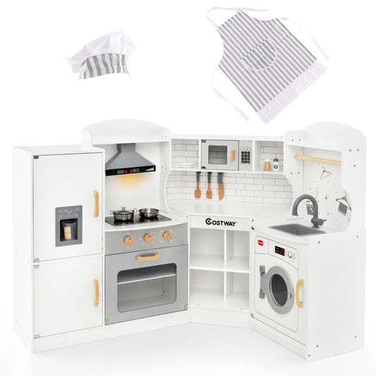 Livsk costway hoekkeukenset met afzuigkap ijsblokjesmachine magnetron oven gootsteen wasmachine handdoekenrek gemaakt van hout licht en geluid