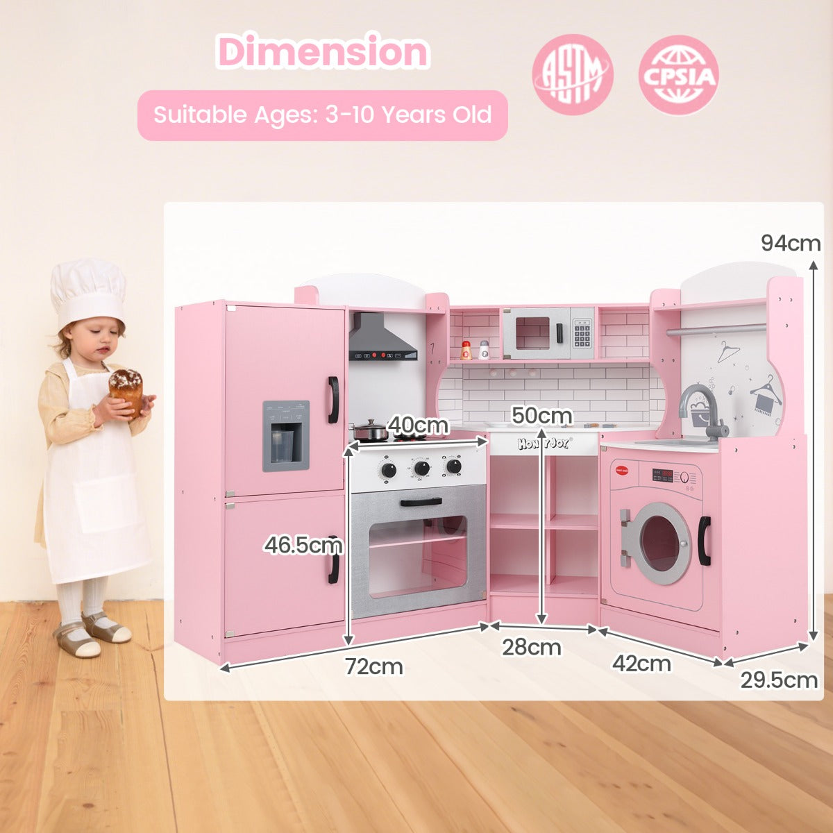 Livsk costway hoekkeukenset met afzuigkap ijsblokjesmachine magnetron oven gootsteen wasmachine handdoekenrek gemaakt van hout licht en geluid roze 1 1