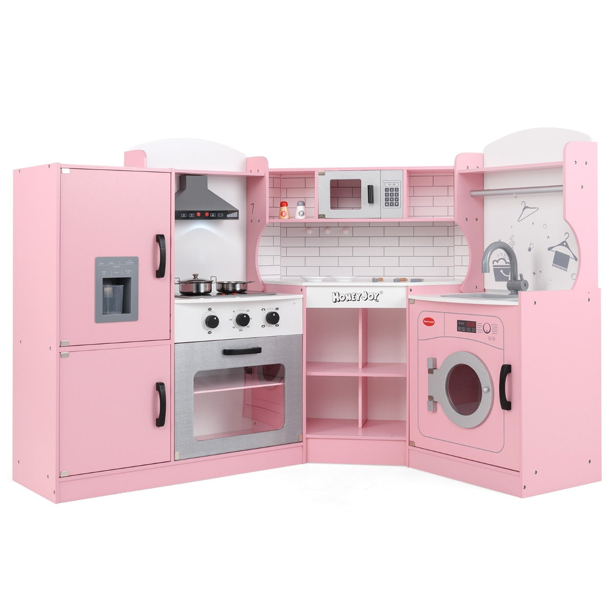 Livsk costway hoekkeukenset met afzuigkap ijsblokjesmachine magnetron oven gootsteen wasmachine handdoekenrek gemaakt van hout licht en geluid roze