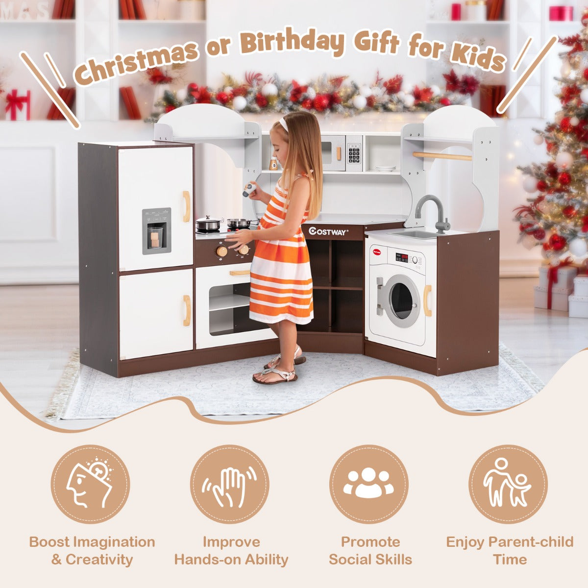 LIVSK Speelkeuken voor Kinderen - Houten Design met Licht en Geluid - Inclusief Accessoires - Veilig en Duurzaam - Bruin