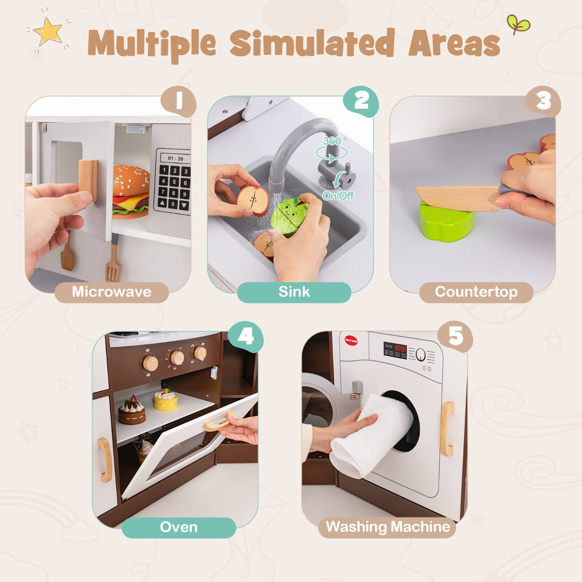 LIVSK Speelkeuken voor Kinderen - Houten Design met Licht en Geluid - Inclusief Accessoires - Veilig en Duurzaam - Bruin