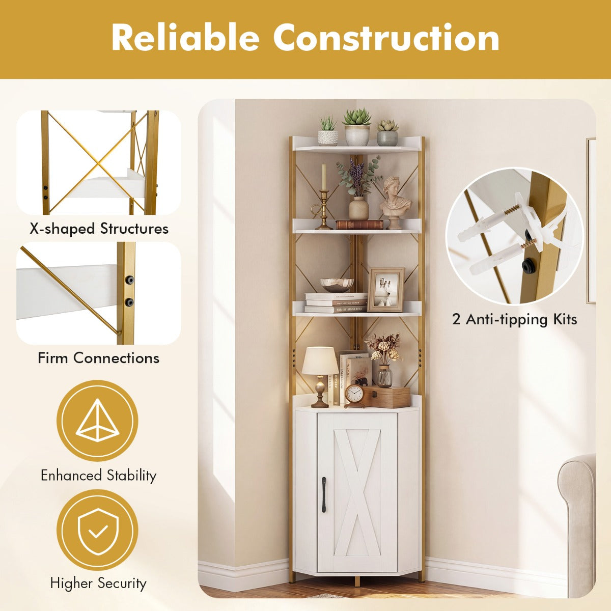Livsk costway hoekmeubel met opbergruimte hoekkast van 180 cm hoog wit 4
