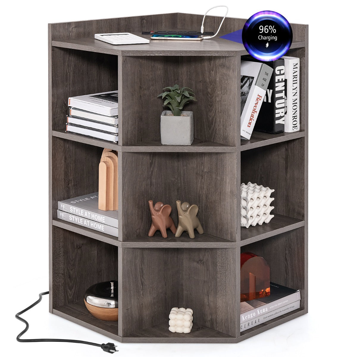LIVSK Hoekkast met Oplaadstation - 4 Stopcontacten - 2 USB-Poorten - 9 Vakken - Ruimtebesparend - 51 x 71,5 x 86 cm - Grijs/Wit