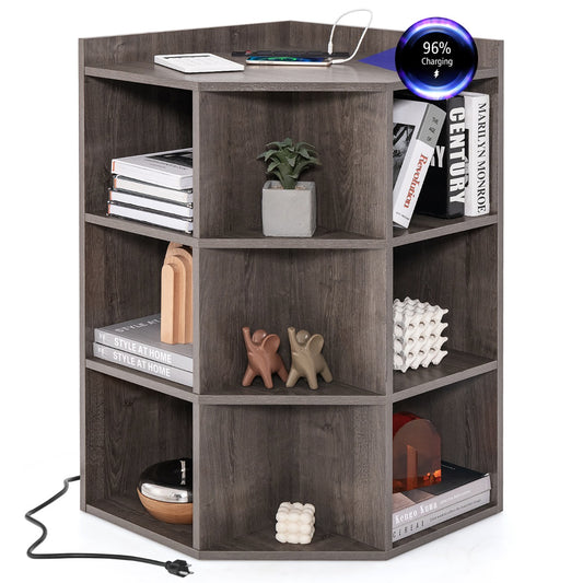 LIVSK Hoekkast met Oplaadstation - 4 Stopcontacten - 2 USB-Poorten - 9 Vakken - Ruimtebesparend - 51 x 71,5 x 86 cm - Grijs/Wit