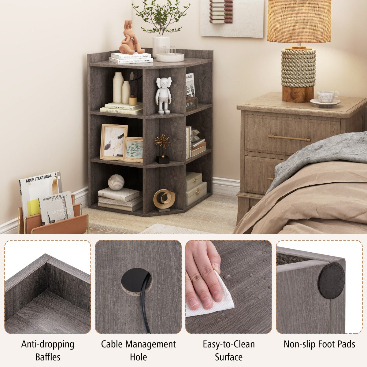 LIVSK Hoekkast met Oplaadstation - 4 Stopcontacten - 2 USB-Poorten - 9 Vakken - Ruimtebesparend - 51 x 71,5 x 86 cm - Grijs/Wit