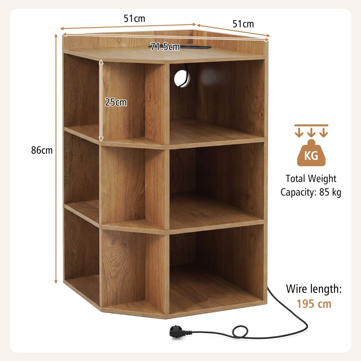 Livsk costway hoekplank met oplaadstation op 3 niveaus open houten plank met 9 vakken 2 usb poorten 4 stopcontacten voor boeken speelgoed naturel 2