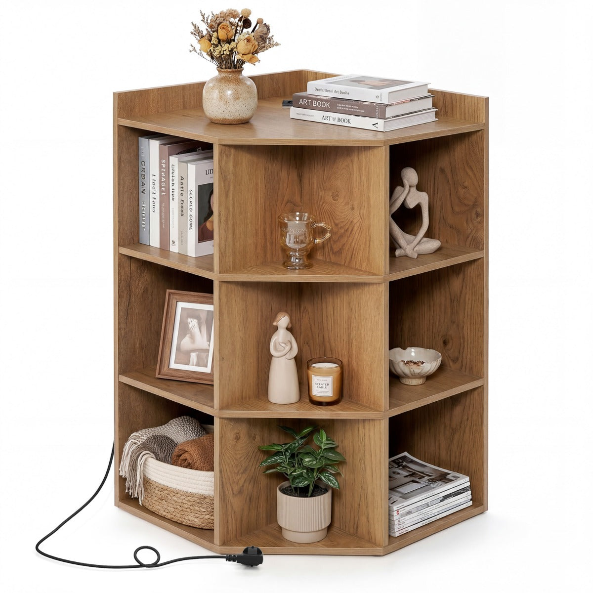 Livsk costway hoekplank met oplaadstation op 3 niveaus open houten plank met 9 vakken 2 usb poorten 4 stopcontacten voor boeken speelgoed naturel