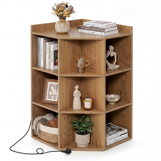 Livsk costway hoekplank met oplaadstation op 3 niveaus open houten plank met 9 vakken 2 usb poorten 4 stopcontacten voor boeken speelgoed naturel